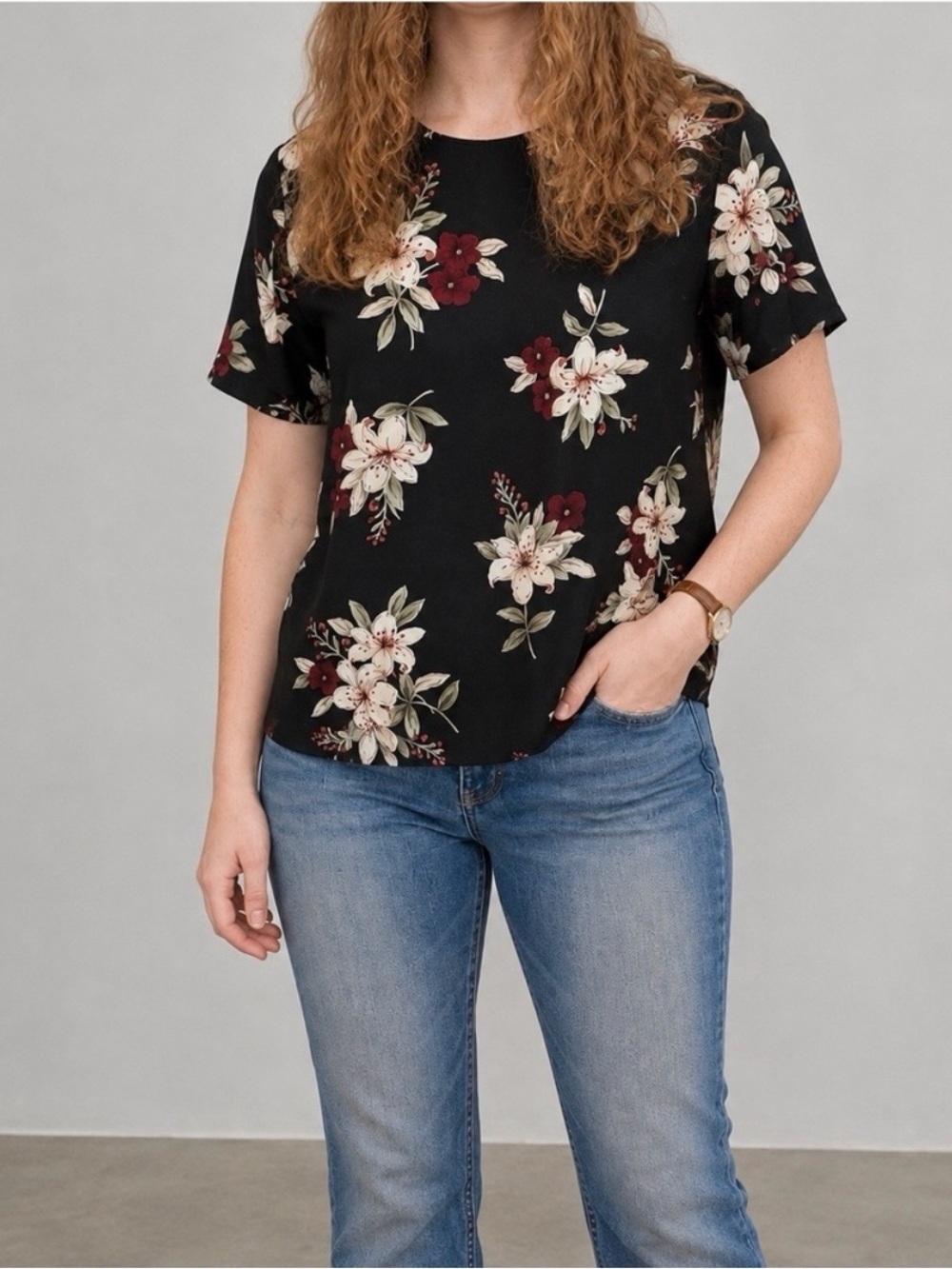 Jaclyn Smith Vintage Black Floral Blouse Womens Medium